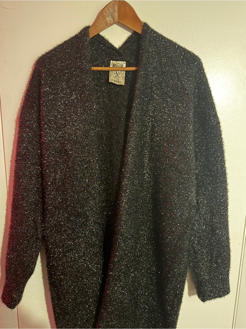 Vocal Black Metallic Open-Front Long Cardigan. Size Small/Medium
